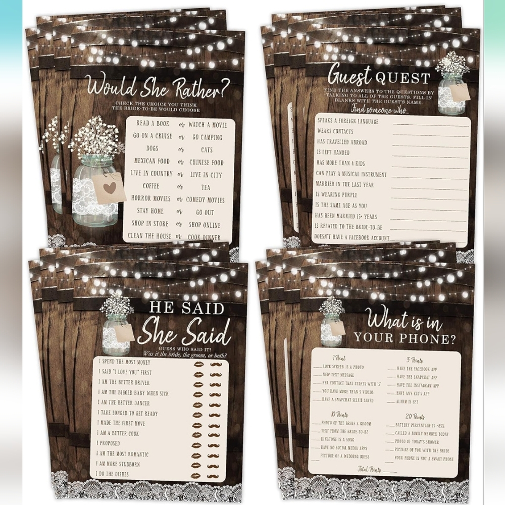 Rustic Bridal Shower Bundle – Games + Advice Cards Set